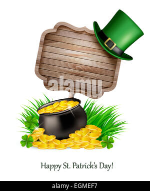 Saint Patrick's Day background avec un signe, les feuilles de trèfle, chapeau vert et de pièces d'or dans un chaudron. Vector illustration. Banque D'Images