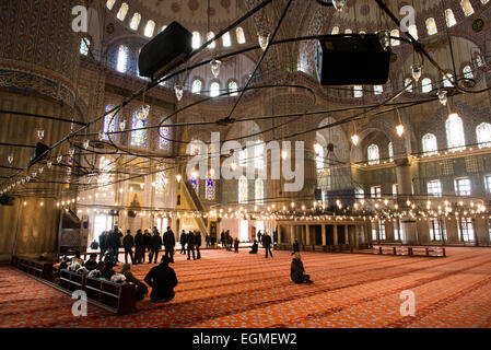 ISTANBUL, Turquie — la vaste salle de prière recouverte de mosquée du Sultan Ahmed présente des lustres ottomans traditionnels (kandil) suspendus dans tout l'espace. Le tapis spécialement conçu couvre tout le plancher de la salle de prière principale, qui peut accueillir des milliers de fidèles. L'espace démontre l'approche ottomane classique du design intérieur des mosquées. Banque D'Images