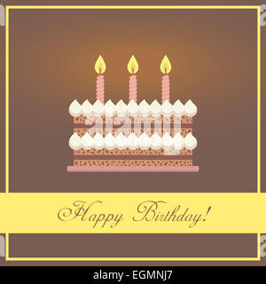 Modèle plat Joyeux Anniversaire Carte de souhaits avec gâteau au chocolat, crème fouettée et brûler des bougies roses placés dans des châssis plus abstraite des mots de félicitations sur fond brun Banque D'Images