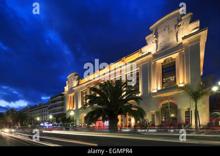 Hôtel et Casino Palais de la Méditerranée sur la Promenade des Anglais, dans la soirée, Nice, Alpes-Maritimes Banque D'Images