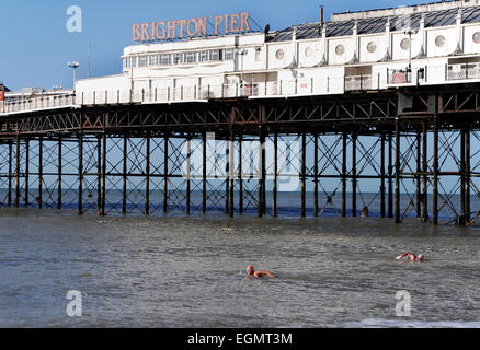 Brighton, Sussex, UK. 27 Février, 2015. Les membres du Club de natation de Brighton profiter tous les jours tôt le matin leur plongeon dans la mer Banque D'Images