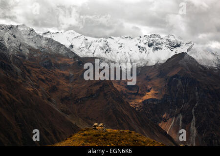 Bhoutan - recouvert d'une mince couche de neige, ces collines s'élèvent au-dessus de la vallée de Paro Chhu à comme de véritables sommets de l'Himalaya. Banque D'Images