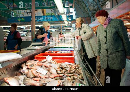 Riga Lettonie. Les clients achètent le poisson dans le Centraltirgus, marché le plus important dans les pays baltes, anciennement quatre hangars zeppelin allemand Banque D'Images