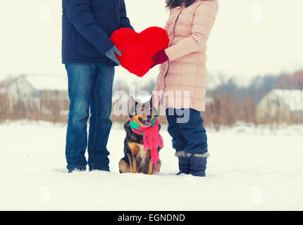 Young couple holding big red heart with dog wearing scarf sur le champ neigeux Banque D'Images