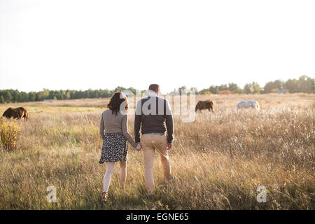 Image d'un jeune couple qui marche main dans la main au coucher du soleil d'automne. Chevaux sur l'arrière-plan. Banque D'Images