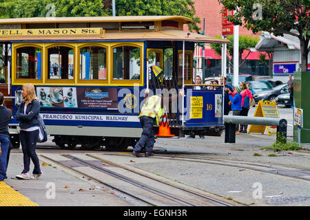 Chef de train funiculaire poussant sur tourniquet sur Powell Street à San Francisco. Banque D'Images