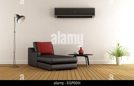 Salle de séjour avec canapé minimaliste et climatisation sur mur - le rendu 3D Banque D'Images