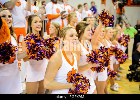 28 février 2015 : Clemson Cheerleaders effectuer pendant un délai d'attente au cours de la 2e moitié de l'action entre Georgia Tech et Clemson Tigers à Littlejohn Coliseum à Clemson, SC. Défaites Clemson Georgia Tech 70-63. Banque D'Images