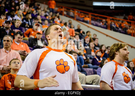 28 février 2015 : Clemson Cheerleaders effectuer pendant un délai d'attente au cours de la 2e moitié de l'action entre Georgia Tech et Clemson Tigers à Littlejohn Coliseum à Clemson, SC. Défaites Clemson Georgia Tech 70-63. Banque D'Images