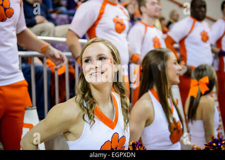 28 février 2015 : Clemson Cheerleaders effectuer pendant un délai d'attente au cours de la 2e moitié de l'action entre Georgia Tech et Clemson Tigers à Littlejohn Coliseum à Clemson, SC. Défaites Clemson Georgia Tech 70-63. Banque D'Images