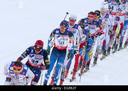 Falun, Suède. 06Th Mar, 2015. Les athlètes en action pendant la ski de fond 50 km classique départ en masse à la compétition aux Championnats du Monde de ski nordique à Falun, Suède, 01 mars 2015. Photo : FREDRIK VON ERICHSEN/dpa/Alamy Live News Banque D'Images