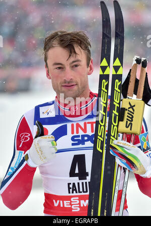 Falun, Suède. 06Th Mar, 2015. Petter Northug de Norvège réagit après avoir remporté le 50km départ groupé à la compétition de cross-country Championnats du Monde de ski nordique à Falun, Suède, 01 mars 2015. Photo : Hendrik Schmidt/dpa/Alamy Live News Banque D'Images