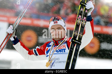 Falun, Suède. 06Th Mar, 2015. Petter Northug de Norvège célèbre après avoir remporté le 50km départ groupé à la compétition de cross-country Championnats du Monde de ski nordique à Falun, Suède, 01 mars 2015. Photo : Hendrik Schmidt/dpa/Alamy Live News Banque D'Images