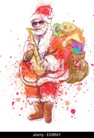 Une illustration à la main, les célébrations de Noël sujet : Santa Claus, Sax player Illustration de Vecteur