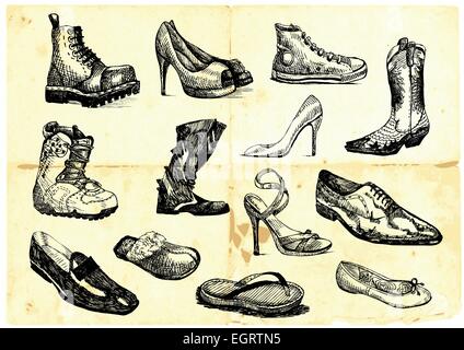 Dessin à la main - une collection de chaussures de différents types et styles Illustration de Vecteur