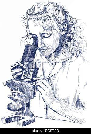 Une illustration à la main : Jeune femme avec microscope Illustration de Vecteur