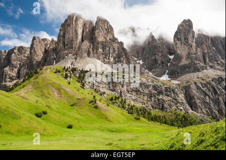 Massif du Sella, vue du col, le Passo Gardena Gardena, 2121m, Dolomites, Selva di Val Gardena, Tyrol du Sud, Trentino-Alto Adige Banque D'Images