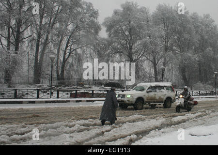 Srinagar, Cachemire sous administration indienne. 2 mars, 2015. Cachemiris, promenades à proximité de l'érables couverts de neige la plus grande partie de la vallée du Cachemire a reçu de neige fraîche interrompre l'alimentation électrique, le trafic aérien et routier 294-km Srinagar-Jammu route nationale a été fermée à la circulation en raison de chutes de neige fraîche et des glissements de terrain.,Vallée du Cachemire a été aujourd'hui retranchée de reste du pays à la suite de la saison de neige plus lourde du Crédit : Sofi Suhail/Alamy Live News Banque D'Images