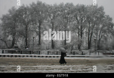 Srinagar, Cachemire sous administration indienne. 2 mars, 2015. Une fille cachemirienne près de promenades les érables couverts de neige la plus grande partie de la vallée du Cachemire a reçu de neige fraîche interrompre l'alimentation électrique, le trafic aérien et routier 294-km Srinagar-Jammu route nationale a été fermée à la circulation en raison de chutes de neige fraîche et des glissements de terrain.,Vallée du Cachemire a été aujourd'hui retranchée de reste du pays à la suite de la saison de neige plus lourde du Crédit : Sofi Suhail/Alamy Live News Banque D'Images