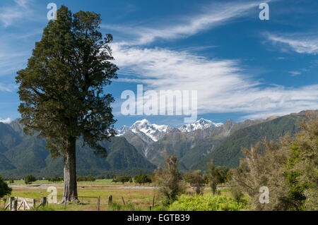 Le Mont Cook, droite, et le Mont Tasman, Alpes du Sud, côte ouest, île du Sud, Nouvelle-Zélande. Banque D'Images