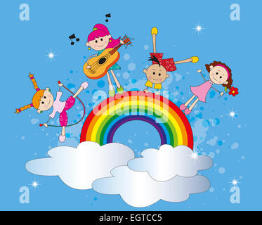 Illustration d'enfants heureux sur un arc-en-ciel Banque D'Images