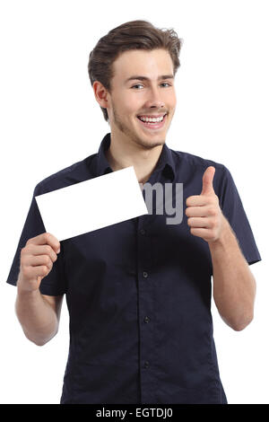 Homme heureux montrant une carte vierge gesturing Thumbs up isolé sur fond blanc Banque D'Images