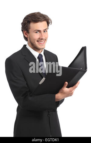 Young businessman posing holding un dossier isolé sur fond blanc Banque D'Images