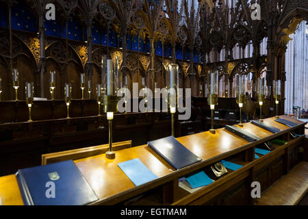 La chorale de quire / La cathédrale de Winchester, avec de belles stalles en bois / chêne / wc séparés. Le Hampshire. UK. Banque D'Images