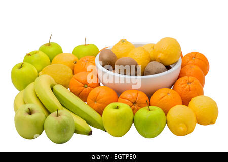 Fruit isolé sur blanc. Bananes, oranges, kiwi, pommes, et de citrons. Banque D'Images
