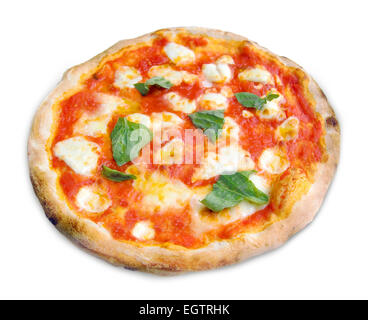 Pizza Margherita avec de la mozzarella, tomates et basilic isolé sur fond blanc. Banque D'Images