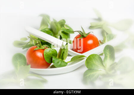 Valerianella locusta, salade de maïs, tomate cerise, mâche sur fond blanc Banque D'Images