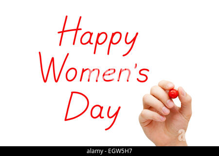 La main heureux Womens Day avec marqueur rouge sur transparent essuyer. Banque D'Images