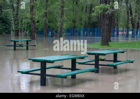 Tables de pique-nique dans l'eau du parc Prince's Island après avoir été inondées par la rivière Bow, à Calgary Banque D'Images