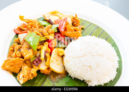 Poulet sauté avec du riz au jasmin et de cajou Banque D'Images