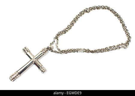 Collier argent croix chrétienne isolated on white Banque D'Images