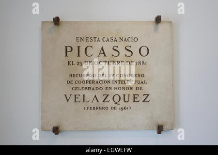 Utilisé pour identifier la plaque de la maison, lieu de naissance de Picasso, fondation Picasso, Malaga, Andalousie. L'Espagne. Banque D'Images