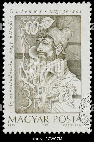 Hongrie - circa 1989 : timbres en Hongrie montre pionniers médicaux - Galenus (130-201), vers 1989 Banque D'Images