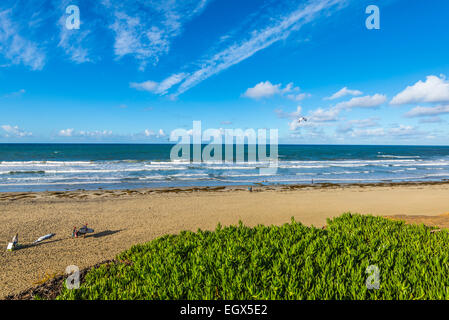 Regardant vers le bas sur la plage de tourmaline et kiteboarders dans l'océan. San Diego, Californie, États-Unis. Banque D'Images