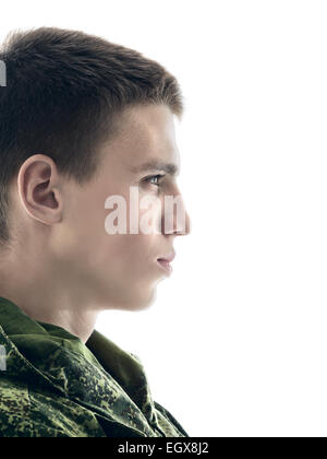 Jeune homme militaire profil, closeup portrait isolated on white Banque D'Images