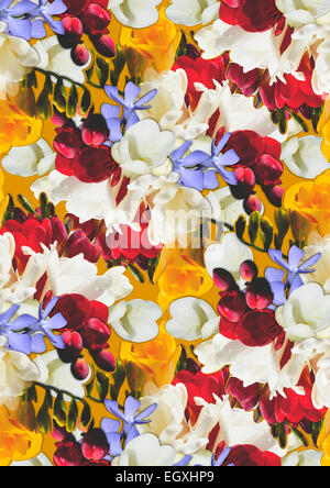 Fond jaune avec des couleurs de fleurs de freesia Banque D'Images