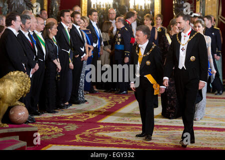 Juan Manuel Santos, Felipe König von Spanien, Clemencia Rodriguez de Santos und Königin Letizia von Spanien beim Accueil zum Gala Dinner zu Ehren des kolumbianischen Président Santos senneur und Frau im Palacio Real. Madrid, 02.03.2015/photo alliance Banque D'Images