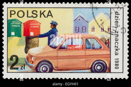 Pologne - circa 1980 : timbres en Pologne montre un Polski Fiat, avec l'inscription et le nom de la série 'Stamp jour 1980', vers 19 Banque D'Images