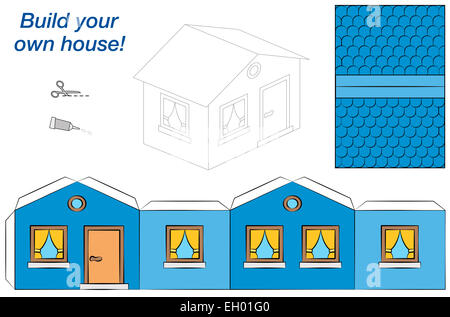 Modèle de papier d'une maison bleue - facile à faire. Banque D'Images