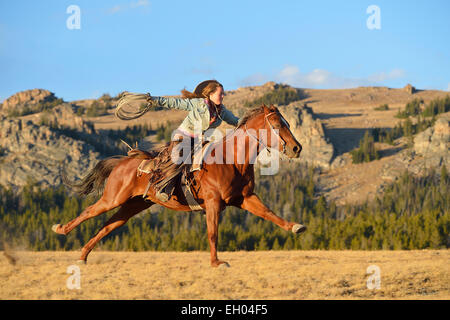 USA, Wyoming, équitation cowgirl holding lasso Banque D'Images