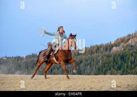 USA, Wyoming, équitation cowgirl holding lasso Banque D'Images