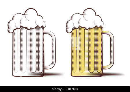 Vector illustration de deux verres de bière en style gravé Banque D'Images