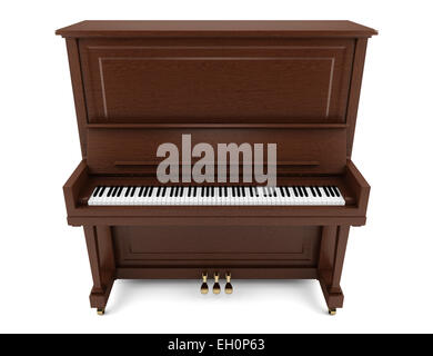 Piano droit brun isolé sur fond blanc Banque D'Images