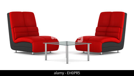 Rouge et noir deux fauteuils en cuir moderne avec une table isolé sur fond blanc Banque D'Images