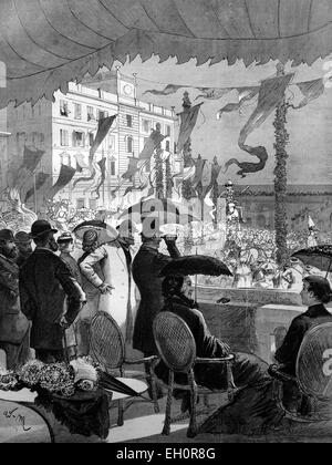 M. et Mme Gladstone regardant le défilé de carnaval à Nice depuis le balcon de la préfecture, Frankreich, illustration historique, 1884 Banque D'Images