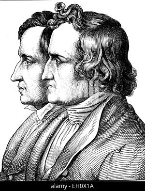 L'amélioration de l'image numérique de Jacob et Wilhelm Grimm, les frères Grimm, 1785 - 1863, portrait, illustration historique, 1880 Banque D'Images